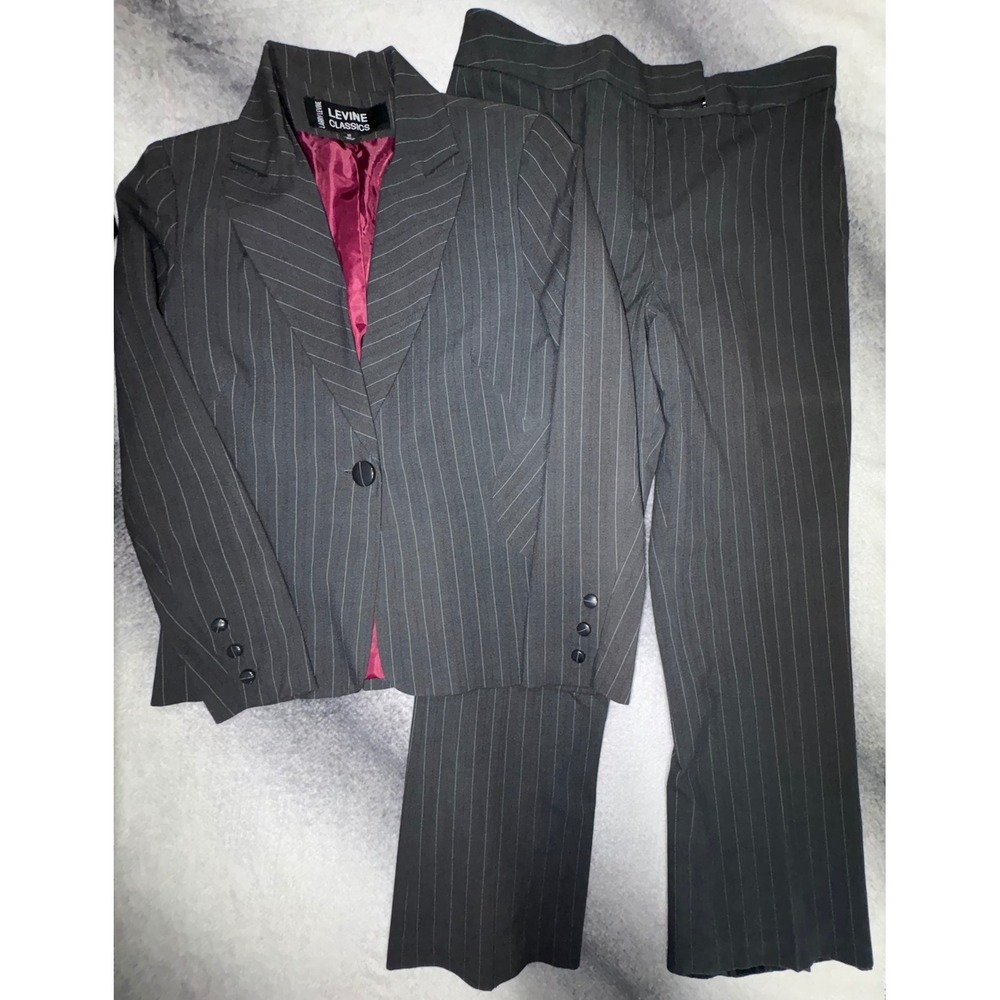 Larry Levine Black Pinstripe Pantsuit with Burgundy Lining